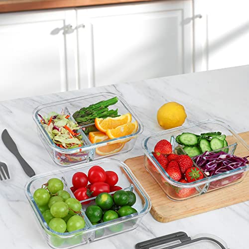 Gray 5 Pack 36oz Borosilicate Glass Meal Prep Containers with 3 Compartments & Airtight Lids
