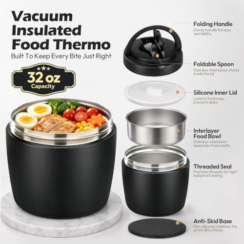 Itslife 32oz Insulated Soup Thermos with Leakproof Wide Mouth & Spoon - Black / M