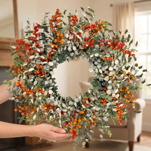 24-Inch Fall Eucalyptus Wreath with Orange Berries - Front Door Decor