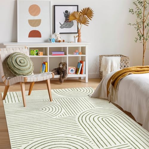 Lahome Green & White 5x7 Abstract Washable Area Rug for Bedroom & Living Room