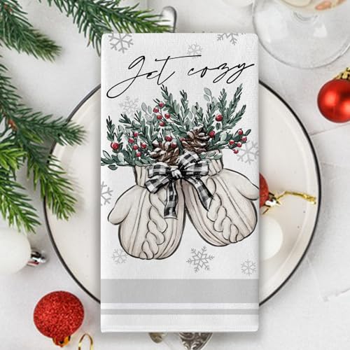 Seliem Winter Wreath Glove Kitchen Dish Towels Set of 2, Get Cozy