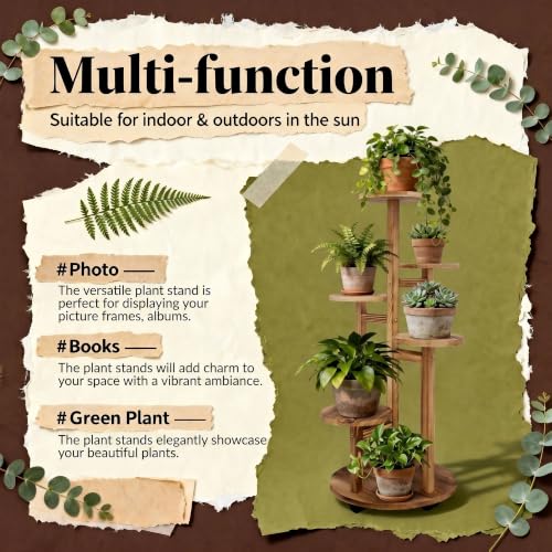 Indoor 5-Tier Plant Stand with Wheels - Brown Wooden Tall Flower Rack