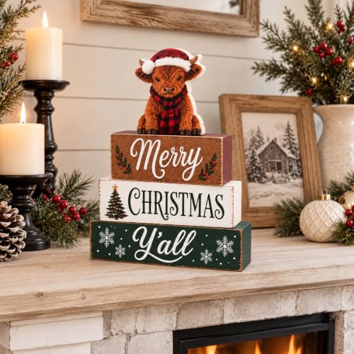 Farmhouse Highland Cow Christmas Tiered Tray Decor - Rustic Wooden Sign