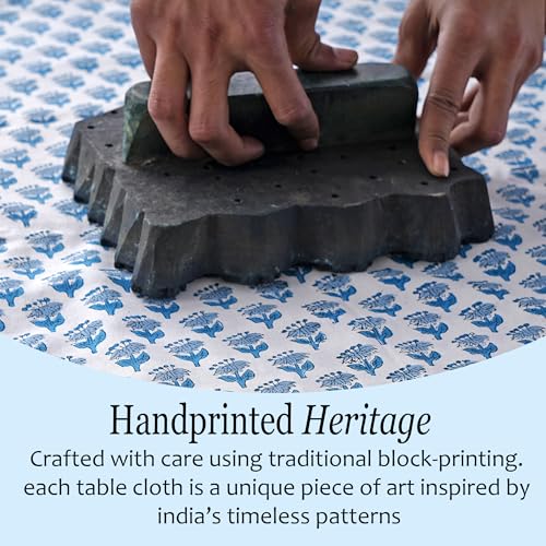 Apatite Blue Block Print Cotton Square Tablecloth 60x60 Inch - Handmade Indian Design