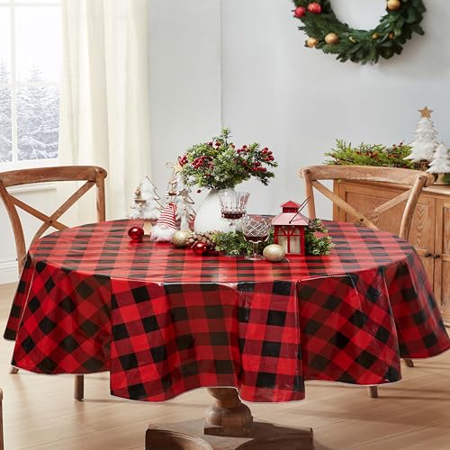 84x60 Inch Oval Christmas Buffalo Plaid Vinyl Tablecloth with Flannel Backing
