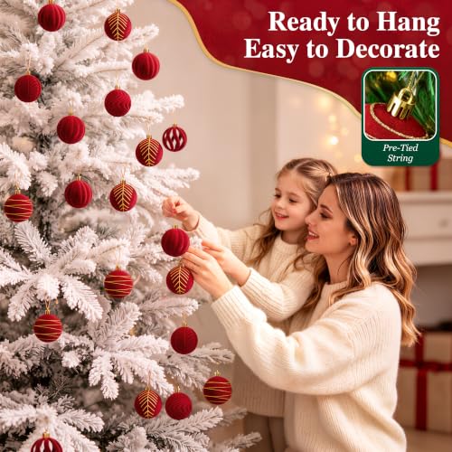 WISELIFE Red Velvet Christmas Ball Ornaments 30 Pack, 2.4in, with Gold Caps