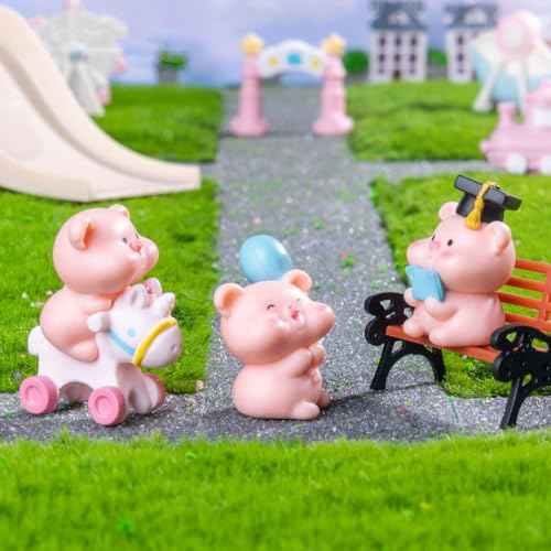 Pink Pig Figure Animal Toys Set Cake Topper, Micro Landscape Decor Fairy Garden Miniature Pig Figurines Collection Playset for Christmas Birthday Gift Desk Decorations(12pcs)