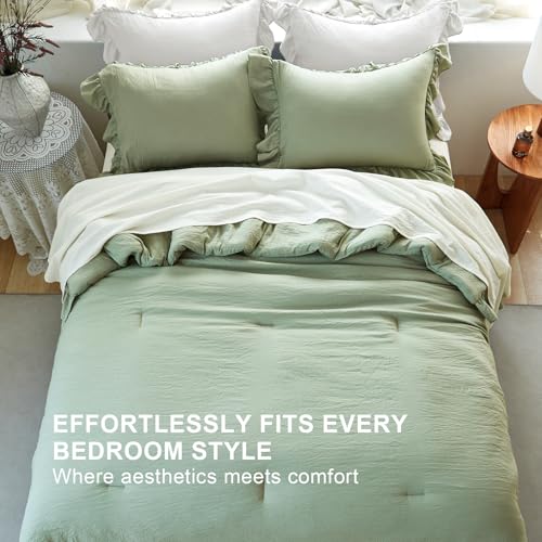 Sage Green Ruffle Comforter Set - Queen Bedding with 2 Shams - Soft & All-Season