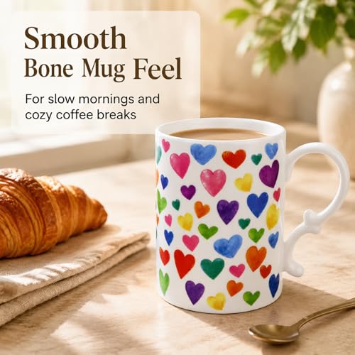 White 16oz Bone China Heart Coffee Mug with Floral Inside & Butterfly Design - Elegant Teacup for Women