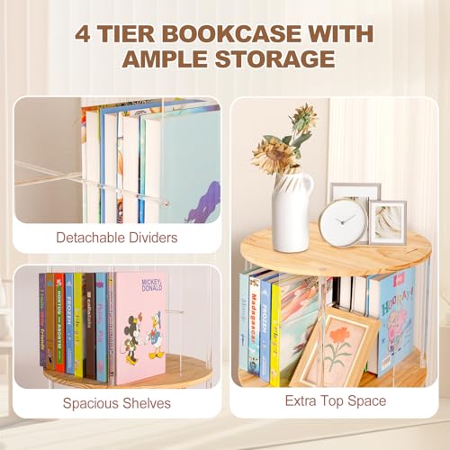 TAKEKIT 4-Tier Natural Round Rotating Bookshelf with Clear Acrylic, 360° Spinning Tower