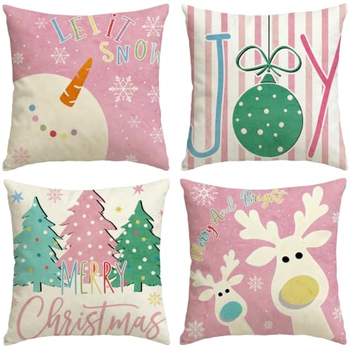 Pink Christmas Pillow Covers Set of 4 18x18 Inches – Linen-Texture Holiday Throw Cushions