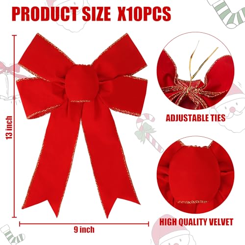 Burgundy Velvet Christmas Red Bow 13x9 Inches - 10 Pack Holiday Wreath Decorations