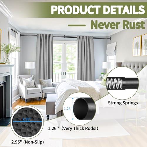 Black Adjustable Tension Curtain Rod 51-165 Inches No Drilling Outdoor & Bathroom