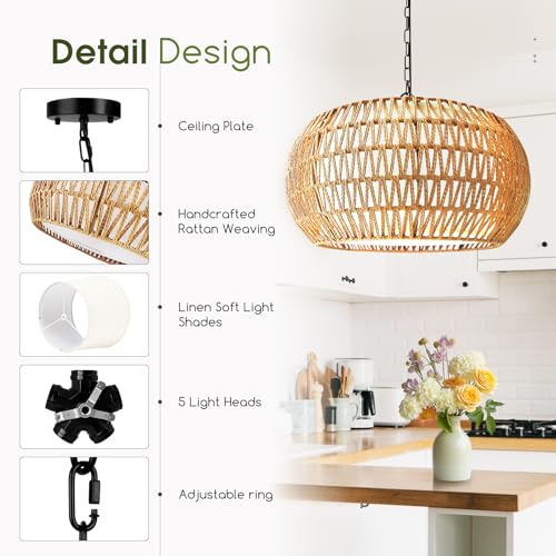 19-Inch Boho Rattan Chandelier 5-Light Farmhouse Pendant Light - Tadpole Jump