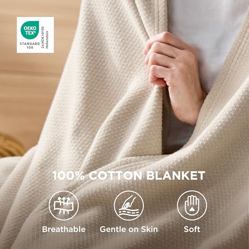 Oversized King Cotton Blanket with Herringbone Weave - Linen Beige, Bedsure