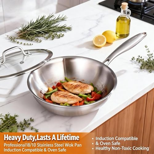 Delarlo 12-Inch Tri-Ply Stainless Steel Wok with Lid - Single Handle