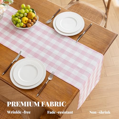 Alsoo Pink 90" x 13" Gingham Table Runner - Farmhouse Cotton Linen Decor