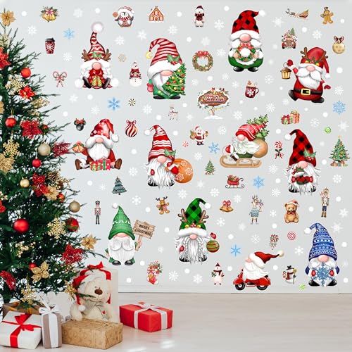 Christmas Gnomes Wall Stickers Decals - 12 Sheets Snowflake Vinyl Winter Gnome Decor