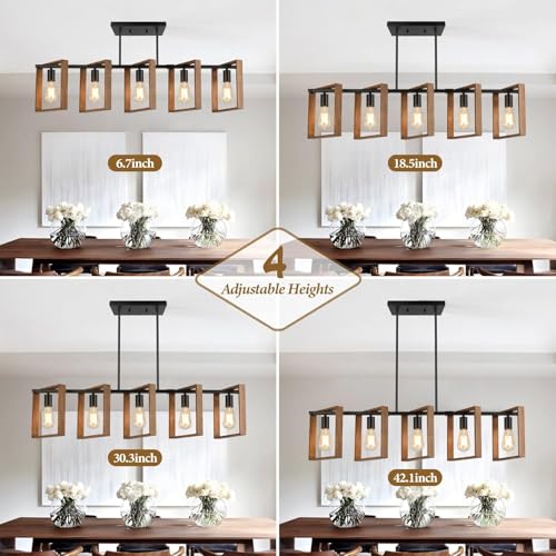Brightever Wood Farmhouse Kitchen Island Light 5-Light Adjustable Pendant, Rustic Black Finish