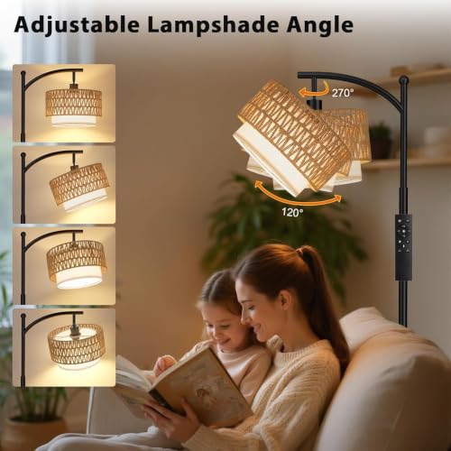 Ambimall Arc Floor Lamp with Remote & Rattan Double Shades - Black Rustic Variation
