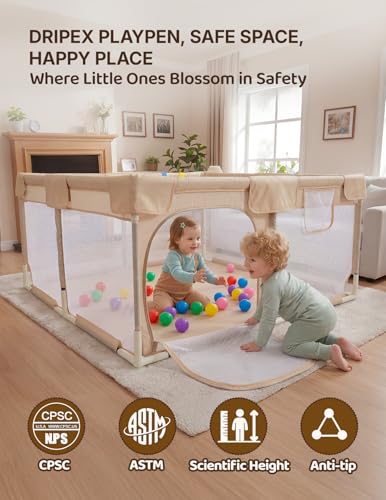 Dripex Baby Playpen with Non-Slip Mat, 47x47 Inches, Cream - Safe & Easy to Install
