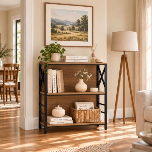 Small 3-Tier Industrial Bookcase - Brown, 29.5 Inch Wide, Metal Frame & Backboard