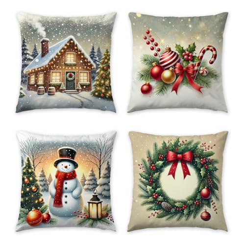 HDVUHKI Christmas 20x20 Pillow Covers Set of 4 - Linen Decorative Holiday Cushion Covers