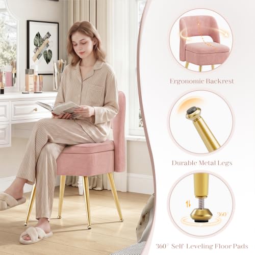 Pink Vanity Chair with Storage & Open Back - Adjustable Gold Metal Legs