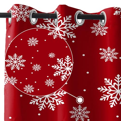 Red Xmas Blackout Curtains 42x84 in 2 Panels - Christmas Snowflake Thermal Insulated Drapes