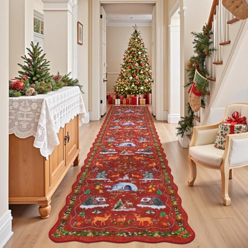 RUGVIGO 2x10 ft Red Christmas Runner Rug - Holiday Scalloped Non-Slip Washable Floor Mat for Entryway & Kitchen