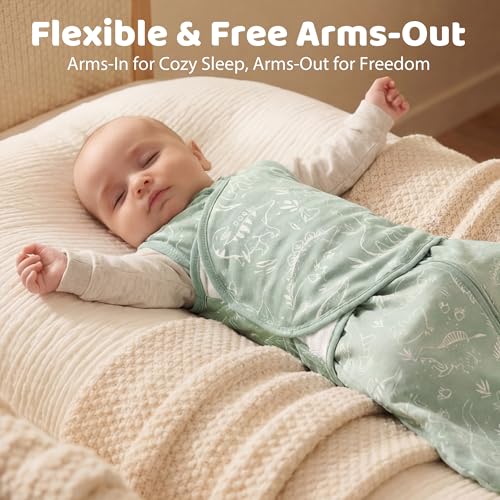 Baby Swaddle Sleep Sack 3-6 Months - Cotton Wrap with Adjustable Wings - Green Dinosaur 2 Pack