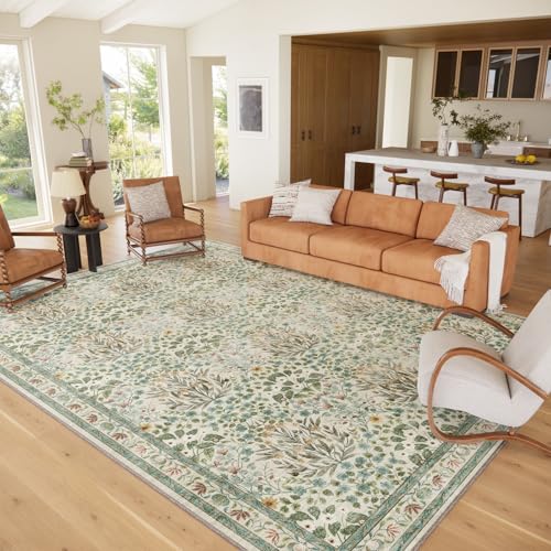 Beige 9x12 Washable Area Rug - Vintage Floral Low Pile Non Slip Carpet for Living Room & Bedroom