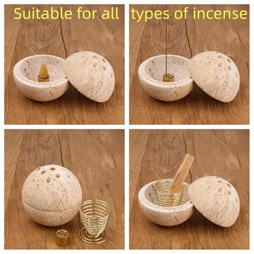 Natural Travertine Stone Incense Burner with Brass Insert - Light Beige Handmade Home Decor & Relaxation