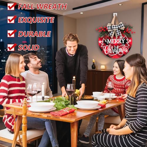 UIONML Christmas Door Sign-D 12 Inch Merry Christmas Welcome Hanging Wreath Decor with Bow Rustic Farmhouse Holiday Sign