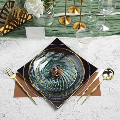 N9R 180PCS Green Plastic Plates Gold Rim, Disposable Party Dinnerware