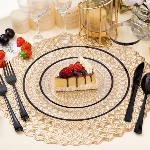 BESTSTAR 200pcs Black and Clear Plastic Disposable Plates Set - Food-Grade & Elegant