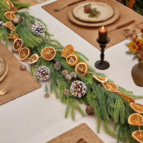 6FT Norfolk Pine Garland with 6.6FT Orange Slice Garland Set for Mantel - ComfyKit