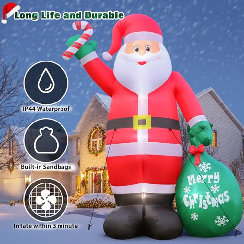 12FT Inflatable Santa Claus with LED Lights, Candy Cane & Gift Bag Yard Decor