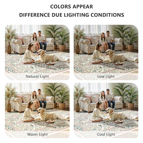 A-Pink Floral Area Rug 8x10 ft - Machine Washable Low Pile Boho Rug with Non-Slip Backing for Living Room & Bedroom