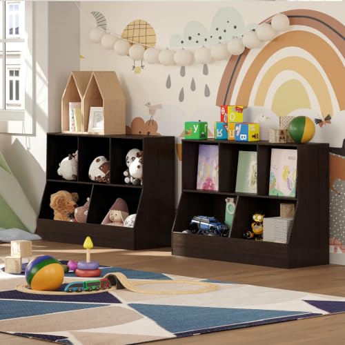 DINZI LVJ 2-Tier Toy Storage Organizer with Bookshelf, 43.3" Espresso Kids Cubby Cabinet