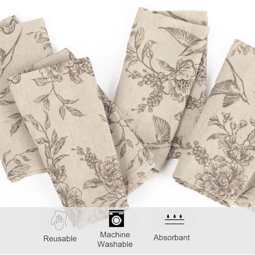 Flower Bird Vintage Cloth Napkins Set of 12 - Reusable Linen Cotton Dinner Towels for Weddings & Parties