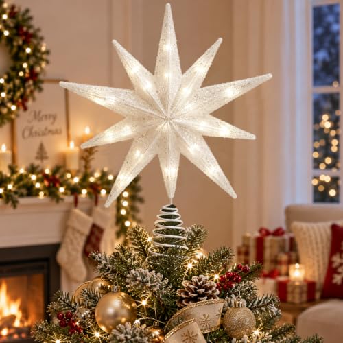 White 13-Inch Silver 10-Point Christmas Tree Topper with 20 LED Lights