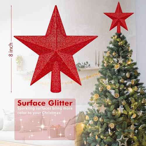 Star Tree Topper, 8" Red Christmas Tee Topper Decorations, Glitter 3D Xmas Bethlehem Star Waterproof Shatter-Proof, Christmas Tree Topper Ornament Decor for Christmas Holiday Party Indoor Outdoor Use