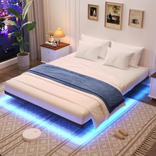 Queen Size Floating Bed Frame with Smart LED Lights - Modern Suspended Design
