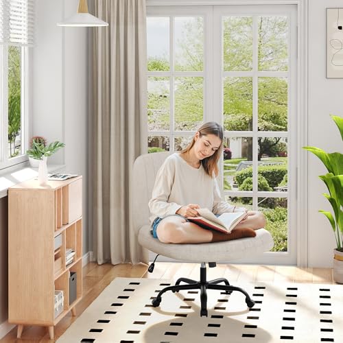 Shintenchi Beige Cross Leg Office Chair with Wheels, Height Adjustable Swivel Armless Desk Seat