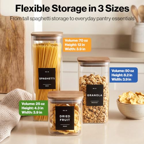 Glass Pantry Storage Jars with Acacia Lids & Labels - Black Labels 5 Pack