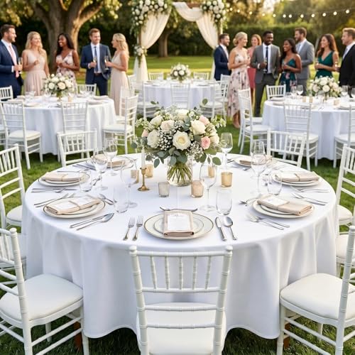 White Round Tablecloth 120 Inch 10 Pack - Washable Polyester Cover for 48-72 Inch Tables - Wedding & Party Linen