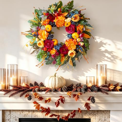 Artificial Fall Wreath for Front Door with Burgundy Roses & Orange Peony - 24 Inch