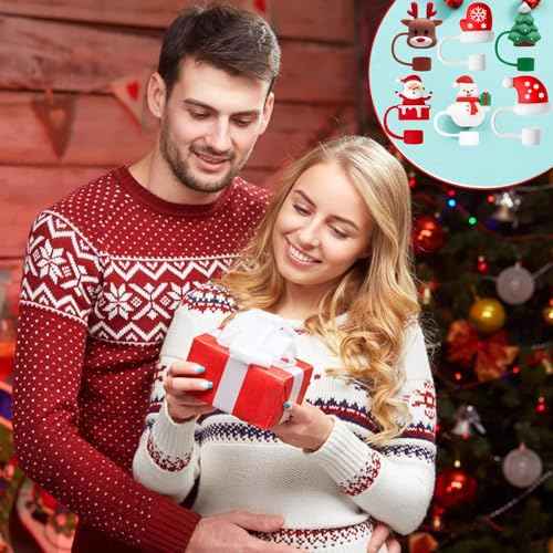 Haundry 6-Pack Christmas Straw Covers for Stanley Straws, 0.4 inch Stanley Straw Caps Compatible with 40 oz Stanley Tumbler with Handle, Reusable Silicone Dust-Proof Straw Tips for Christmas Gift