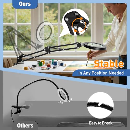 HITTI 10X Magnifying Glass with Light & Clamp, 1800 Lumens Dimmable, Black, 9.06 Inch Base & Swing Arm